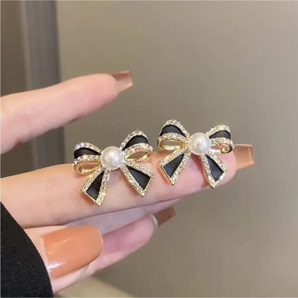 Jewelry - Gold Filled Black Bow Pearl CZ Earrings